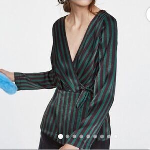 NWT Zara Striped Satin Long Sleeve Wrap Top Sz M